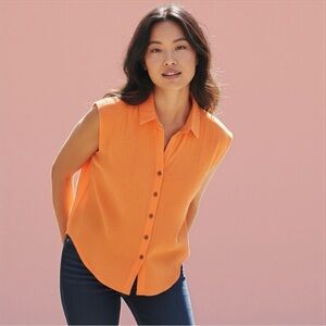 NWT Olivaceous Women's Collared Button Down Tank Top/Blouse In Orange Size Small